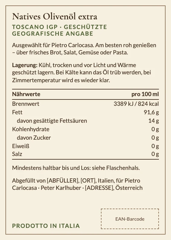Etikett Rückseite mit Markentext, Lagerhinweis, Nährwerten pro 100 ml und Angaben zum Abfüller