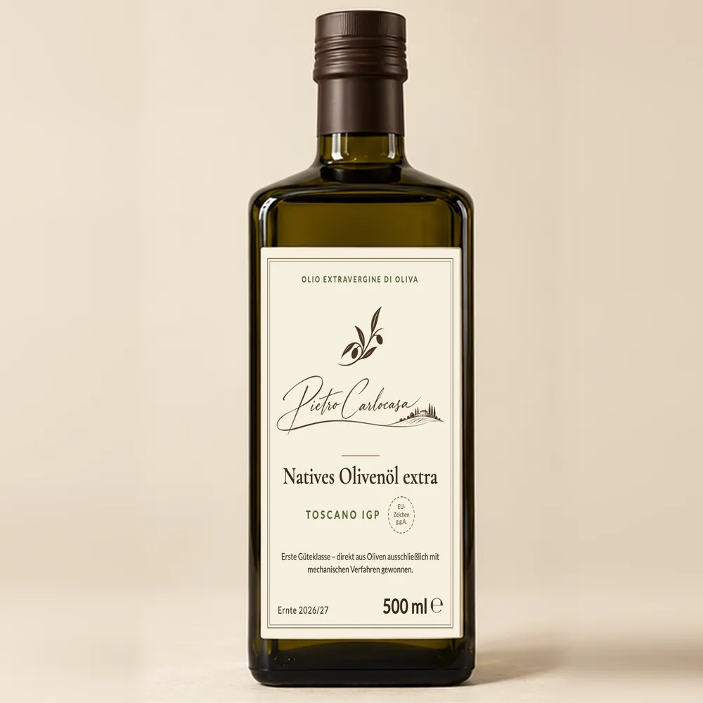 Pietro Carlocasa Olivenöl, Vorderansicht der Flasche