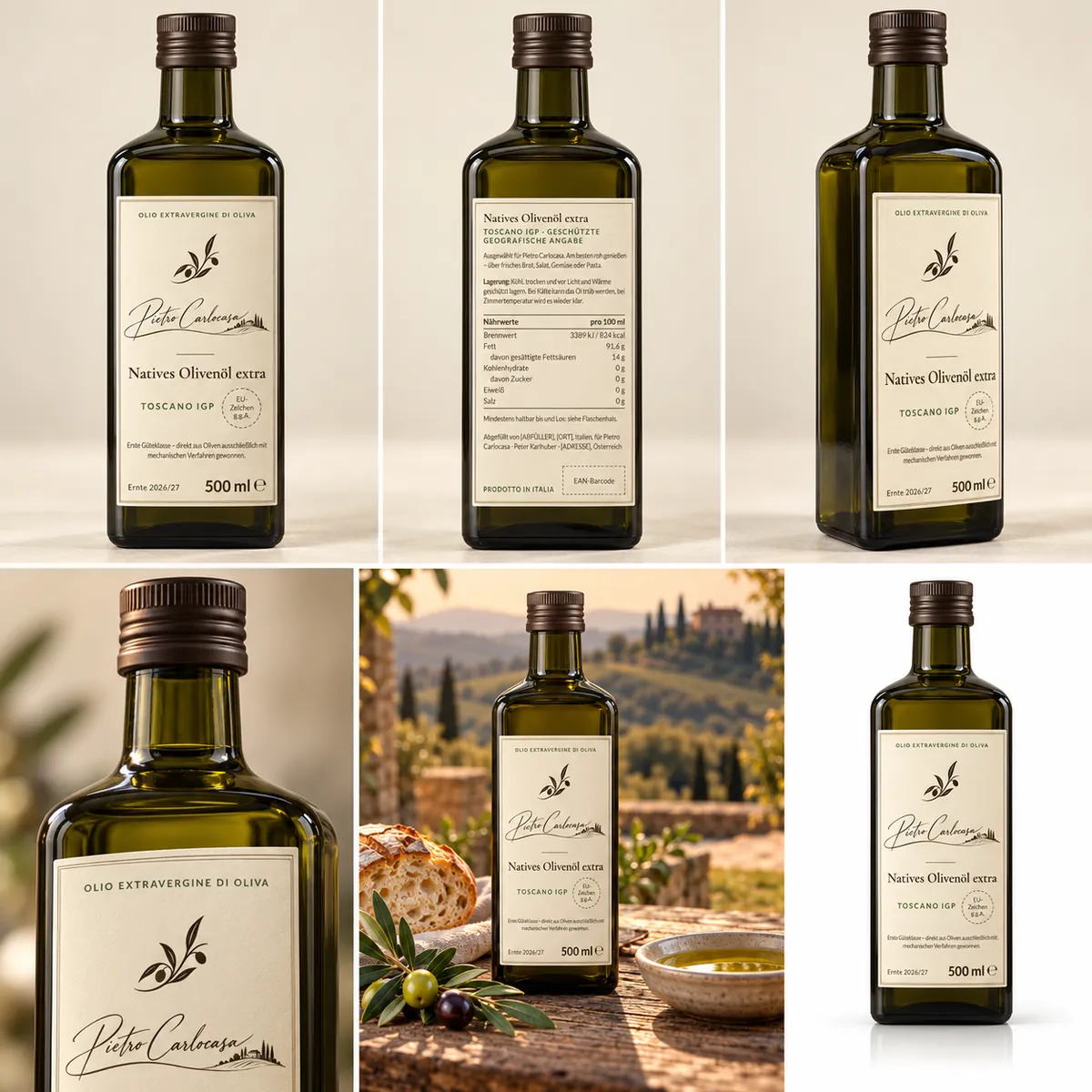Sechs Ansichten der Pietro Carlocasa Olivenölflasche als Set